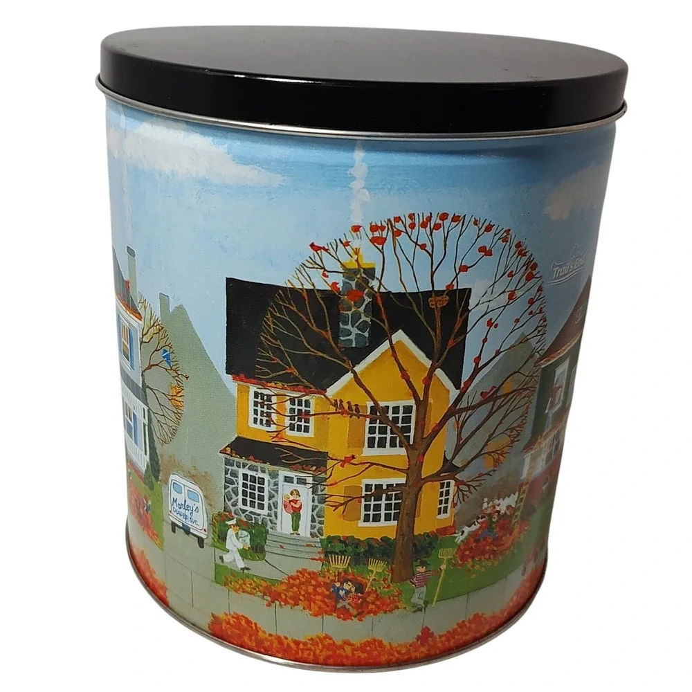 Vintage Trails End Autumn Tin Canister Fall Leaves and Houses Neighborhood Round